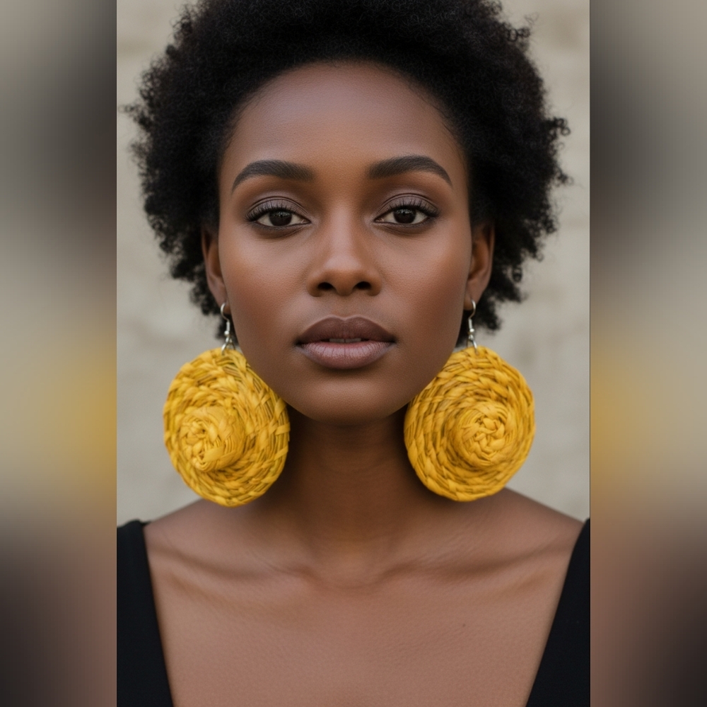 Chic Yellow Statement Raffia Handmade Earrings